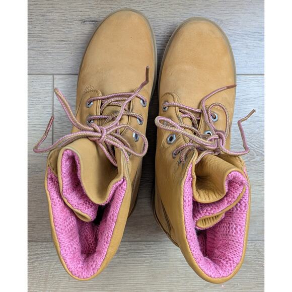 Timberland Womens Jayne Leather Hiking Boots 6 Saddle Brown Pink Fold Cuff Ankle - Picture 5 of 12
